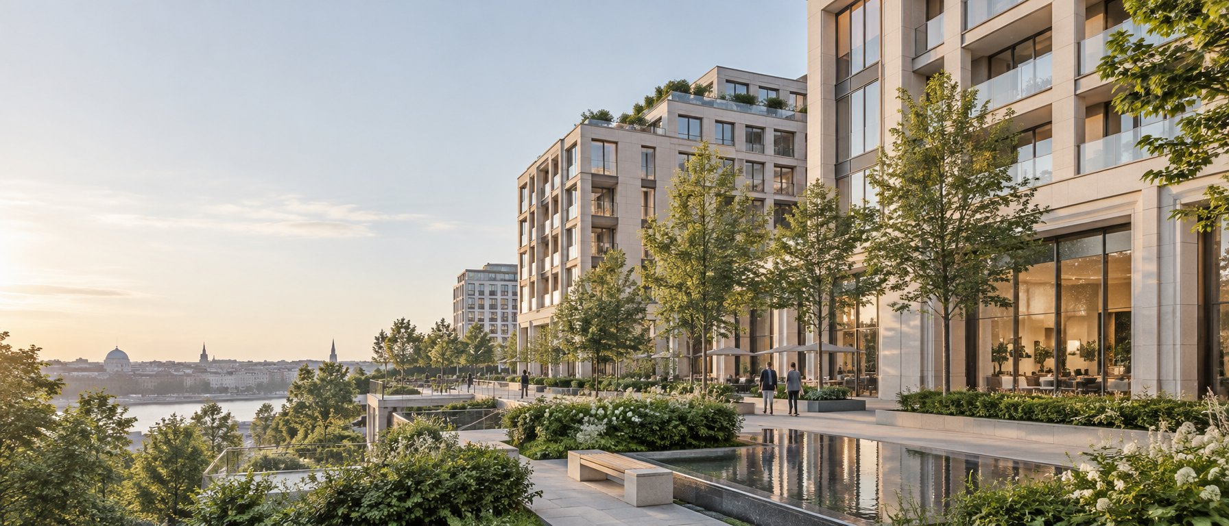 A modern real estate development with landscaped courtyard