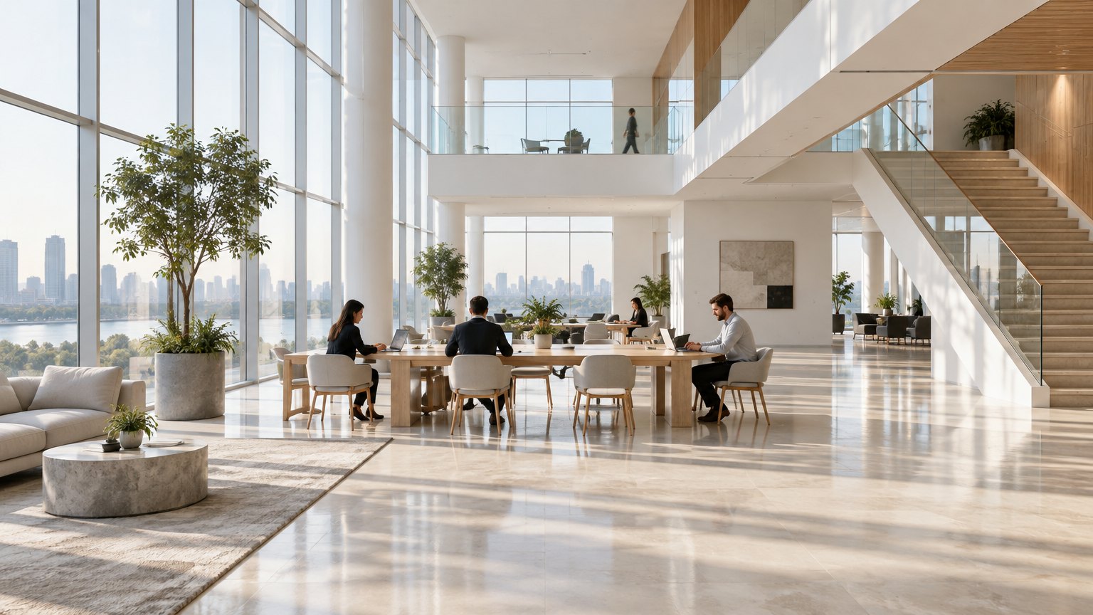 A bright, calm technology headquarters atrium